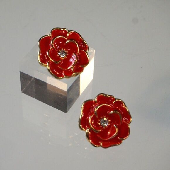 Red Rose Enamel Flower Stud Earrings - Picture 3 of 8